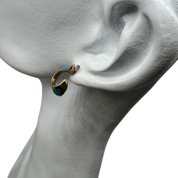 Wave Design Gold & Turquoise Enamel Huggie Earrings, Vintage Statement Hoops - Picture 3 of 8